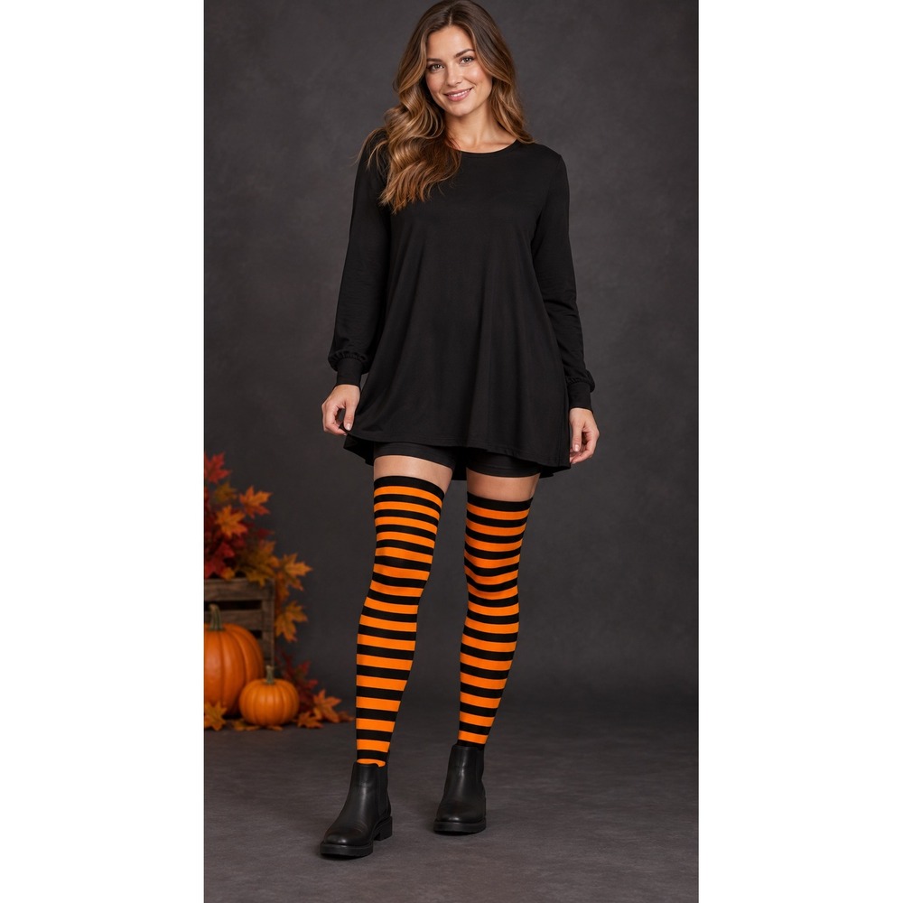 Whimsy Goth Over Knee High Socks Knit OS Orange Black Excellent Halloween Gothic